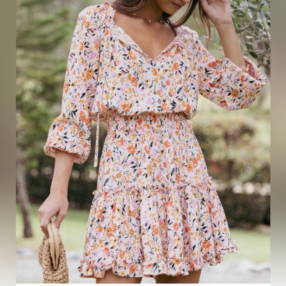 Petal & Pup Pink Floral Long Sleeve Ruffle Mini Dress